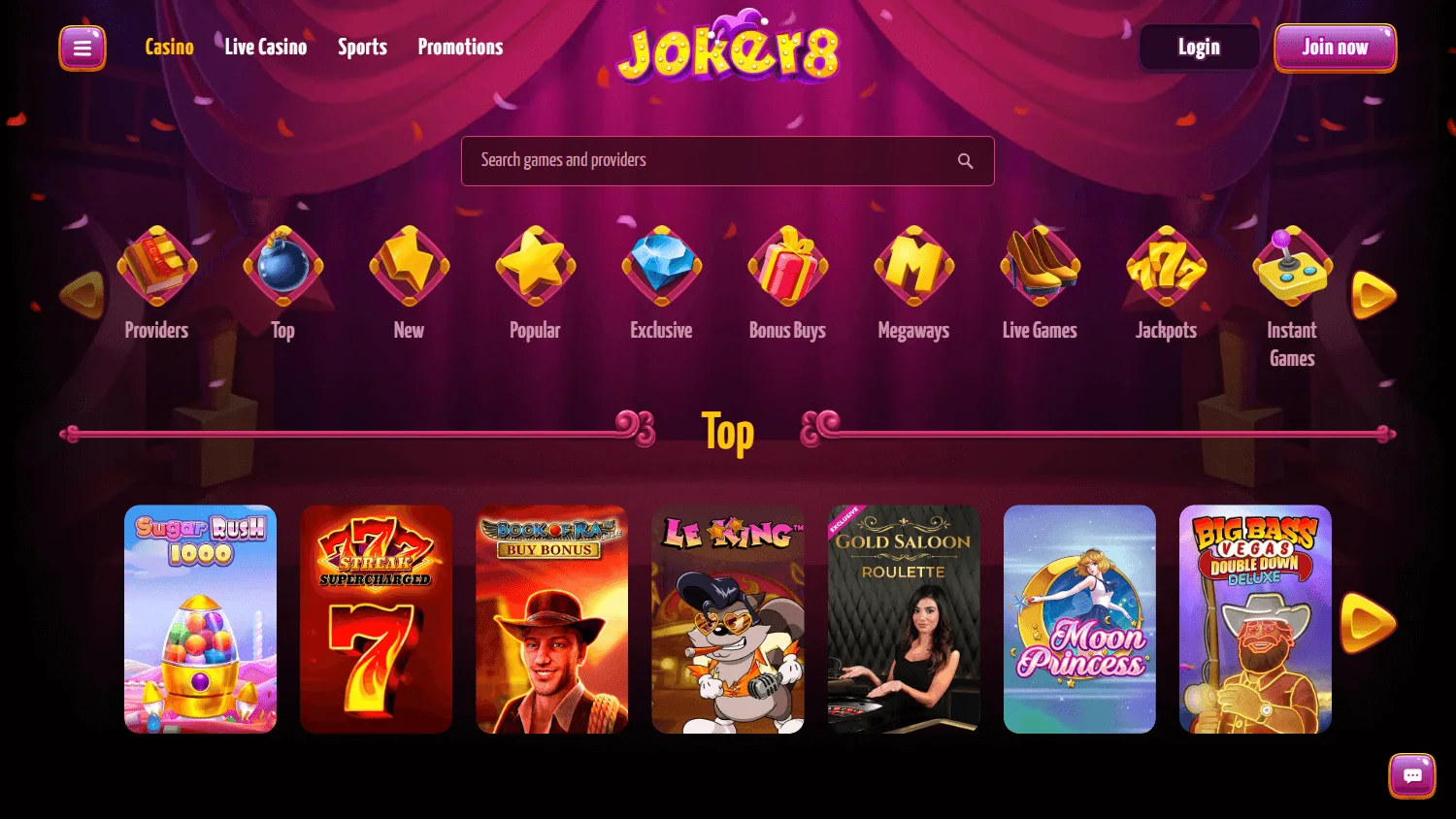 Joker8 Casino game selection on desktop